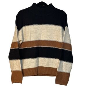 Universal Thread Sweater Mock Neck Pullover Beige Black Tan Stripe Long Sleeve S